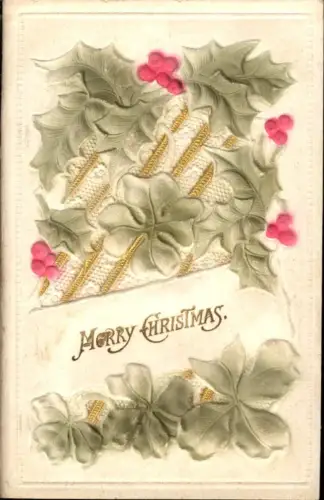 338994,Relief Ak Stechpalmen Blätter Klee Goldverzierung Merry Christmas Weihnachten