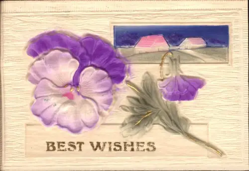 355539,Litho Relief Ak Blumen Stiefmütterchen Haus Best Wishes