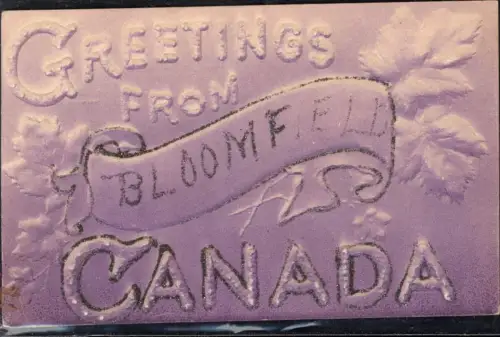 431565,Relief Karte Greetings from Bloomfield Canada Glitzerverzierung Ahornblatt