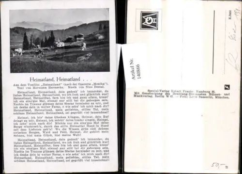 140866,Liedkarte Heimatland Heimatland Text Hermann Hermecke Musik Nico Dostal