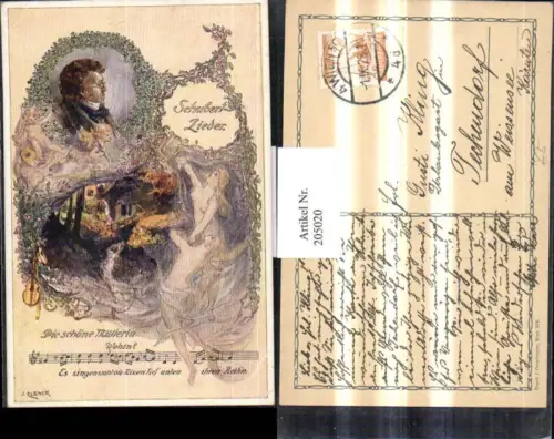 205020,Künstler AK O. Elsner Liedkarte Schubert-Lieder „Die schöne Müllerin“ Wassermühle Mühle Frauen Mandoline