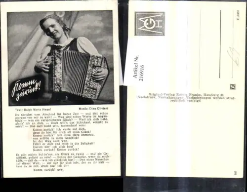 216916,Liedkarte Komm zurück Musik Dino Olivieri Text Ralph Siegel Ziehharmoniker