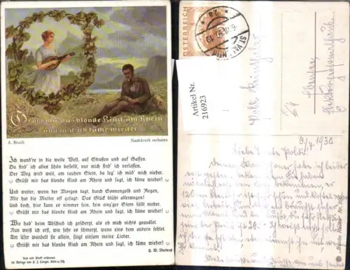216923,Künstler Ak A. Broch Grüßt mir d. blonde Kind a. Rhein Text H. W. Mertens Liedkarte