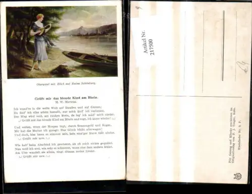 217500,Liedkarte Künstler Ak Grüßt mir d. blonde Kind a. Rhein H. W. Mertens Text