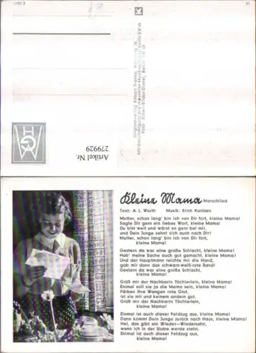 279929,Liedkarte Marschlied Kleine Mama von A. L. Werth u. Erich Kuntzen Text Frau m. Brief