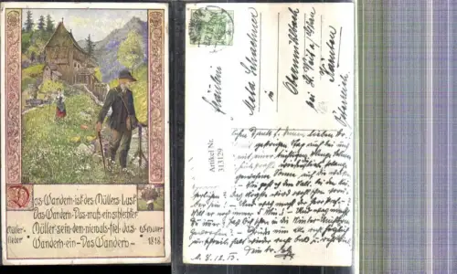 313129,Künstler Ak Liedkarte Das Wandern ist des Müllers Lust W. Müller 1818 Wassermühle pub B.K.W.I. 760-5