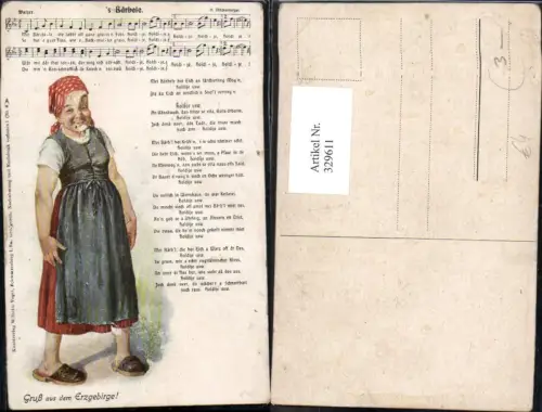 329611,Künstler Ak Liedkarte S Bärbele Frau Tracht Erzgebirge Notenzeile Text