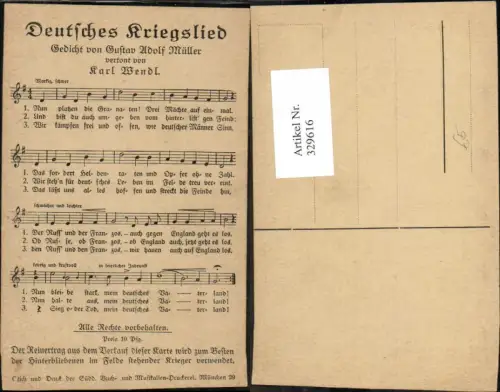 329616,Liedkarte Deutsches Kriegslied Gustav Adolf Müller Karl Mendl Notenzeile
