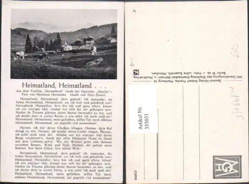355031,Liedkarte Heimatland Heimatland Operette Monika Nico Dostal Hermann Hermecke Text