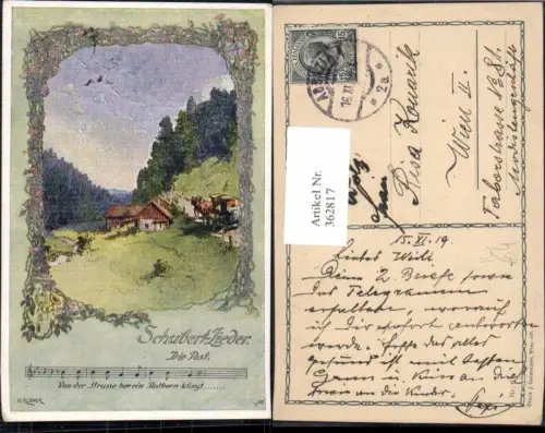 362817,Liedkarte Künstler Ak O. Elsner Schubert Lieder Die Post Notenzeile