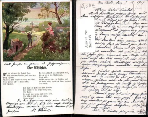 362818,Liedkarte Der Abschied Text Soldat Frau winkt m. Taschentuch