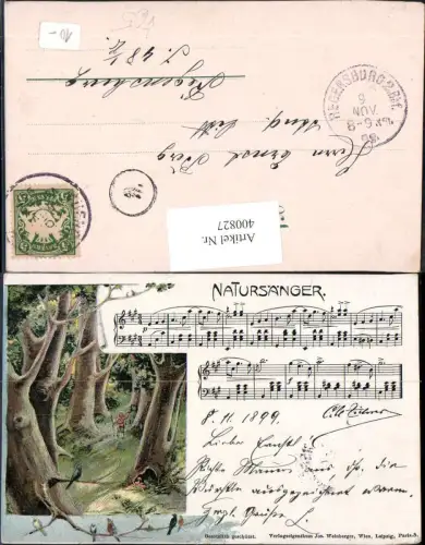 400827,Litho Liedkarte Natursänger Notenzeile Wanderer Vogel pub Jos. Weinberger