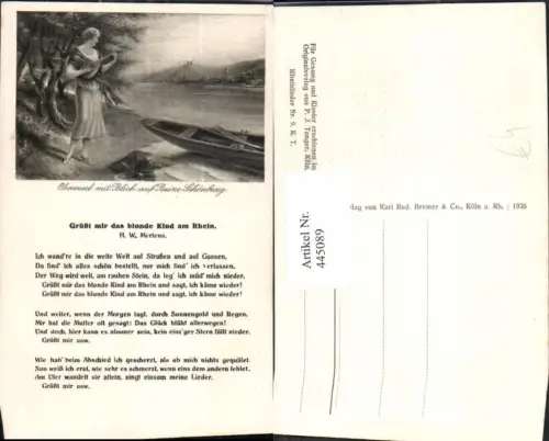 445089,Liedkarte Grüßt mir das blonde Kind a. Rhein H. W. Mertens Mandoline Musik