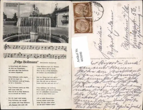 445090,Liedkarte Fritze Bollmann Brannburjer Orjinallied Text Brandenburg Beetzsee Havel Musik