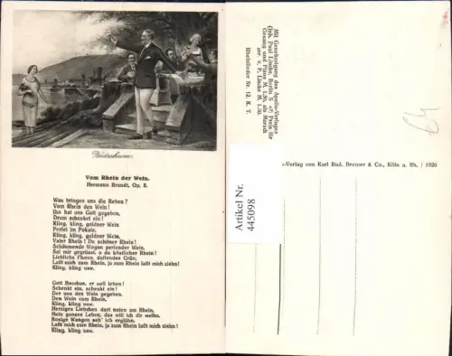 445098,Liedkarte Vom Rhein d. Wein Hermann Brandt Text Wein Musik