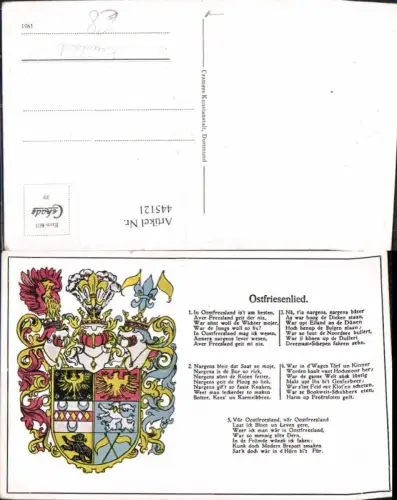 445121,Liedkarte Ostfriesenlied Wappen Friesland Musik