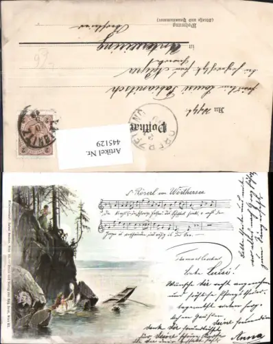 445129,Litho Liedkarte s Röserl v. Wörthersee Musik Frau Boot