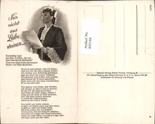 445144,Liedkarte Nur nicht aus Liebe weinen Russisches Lied H. F. Beckmann Musik