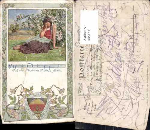 445153,Liedkarte Sah ein Knab ein Röslein stehn Notenzeile Musik pub Dt. Schulverein