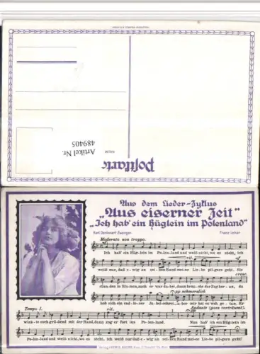 489405,WW1 Liedkarte Aus eiserner Zeit Ich hab ein Hüglein im Polenland Frau Portrait