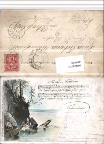 489408,Künstler Litho Liedkarte Röserl vom Wörthersee Felsen Boot