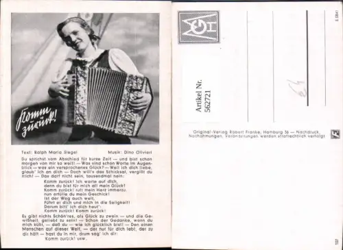 562721,Liedkarte Komm zurück Ralph Maria Siegel Dino Olivieri Frau Ziehharmonika