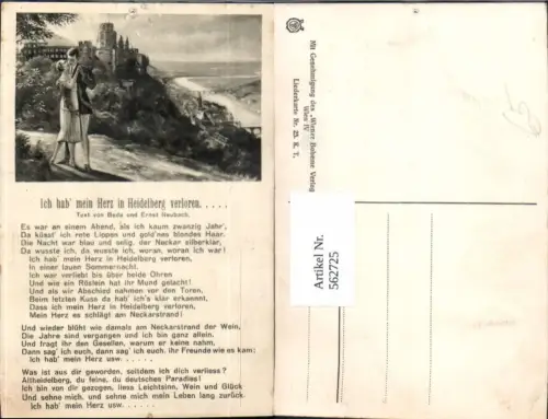 562725,Liedkarte Ich hab mein Herz in Heidelberg verloren Beda u. Ernst Neubach Paar