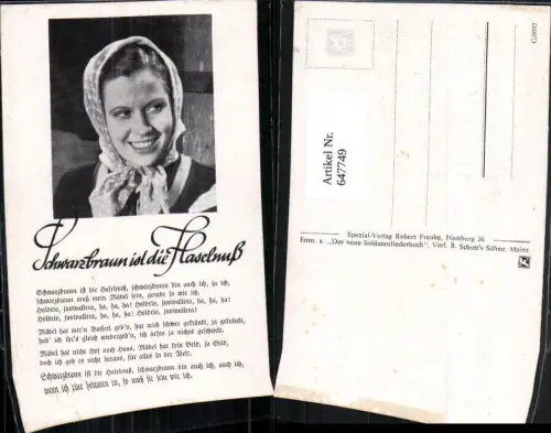 647749,Liedkarte Schwarzbraun ist die Haselnuß Soldatenlied