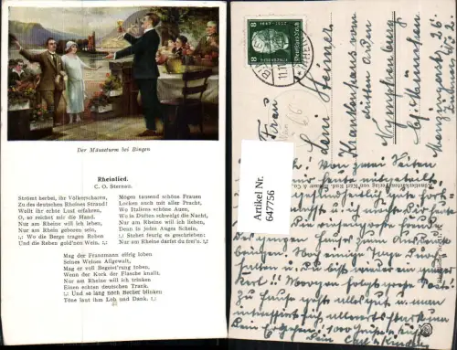 647756,Liedkarte Rheinlied C. O. Sternau Der Mäuseturm b. Bingen Wein