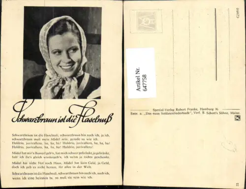 647758,Liedkarte Schwarzbraun ist die Haselnuß Soldatenlied