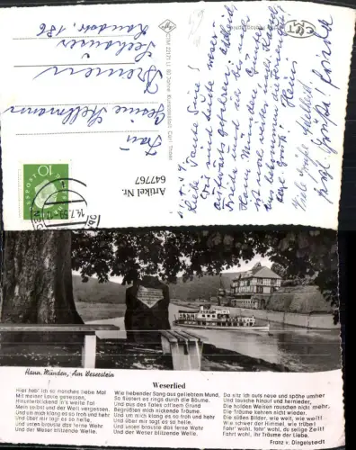 647767,Liedkarte Weserlied Franz v. Dingelstedt Hann. Münden Am Weserstein Schiff