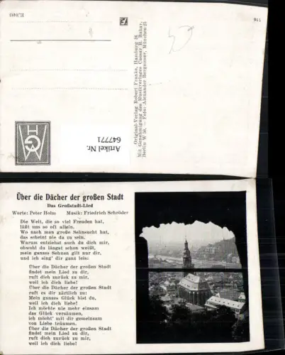 647771,Liedkarte Über die Dächer der großen Stadt Peter Holm Friedrich Schröder