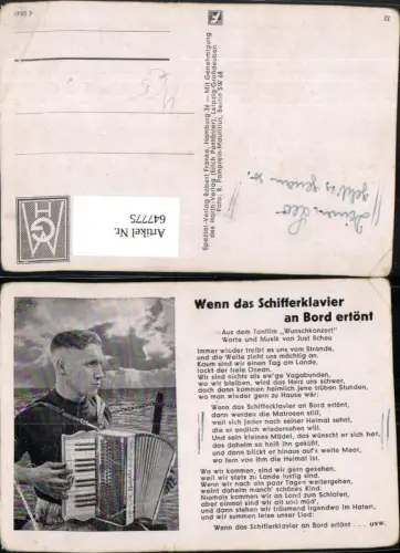 647775,Liedkarte Wenn das Schifferklavier an Bord ertönt Just Scheu Wunschkonzert Film