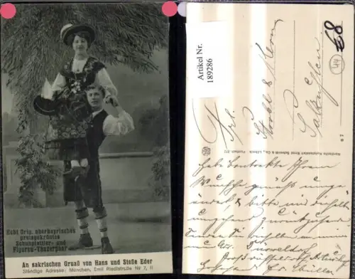 189286,An sakrischen gruaß Hans Stefie Eder München Schuhplattler u. Figuren Tänzerpaar i. Tracht Typen