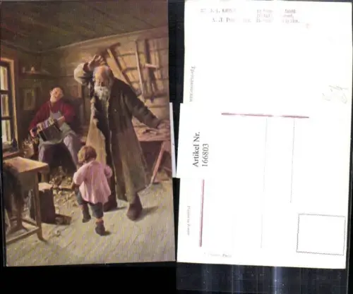 166803,Künstler Ak A. L. Rjevskata Ein lustiger Moment Kind u. Alter Mann Tanzen Ziehharmoniker Tischlerei Musik