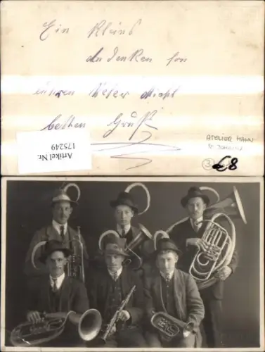 175249,Foto Ak Männer i. Tracht Federhut Hut Typen m. Instrumenten Tuba Trompete Klarinette
