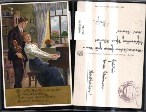 216744,Künstler Ak Lenz u. Liebe Mann m. Geige Frau a. Klavier Spruch Text