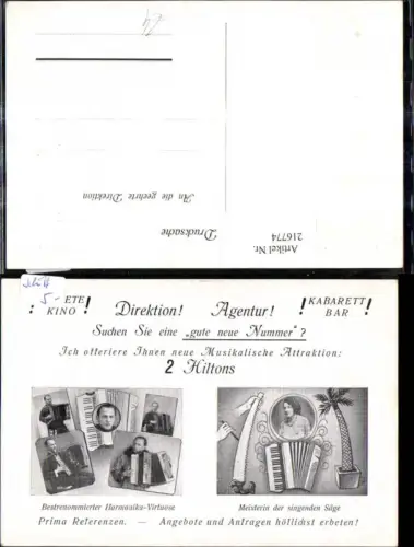 216774,Reklamekarte 2 Hiltons Harmonika-Virtuose Meisterin d. singenden Säge Instrumente Agentur Musik Ziehharmoniker