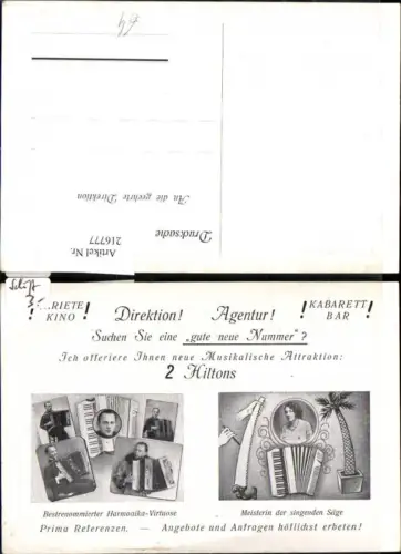 216777,Reklamekarte 2 Hiltons Harmonika-Virtuose Meisterin d. singenden Säge Instrumente Agentur Musik Ziehharmoniker