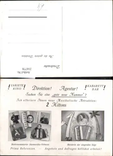 216778,Reklamekarte 2 Hiltons Harmonika-Virtuose Meisterin d. singenden Säge Instrumente Agentur Musik Ziehharmoniker