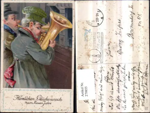 279855,Künstler AK Neujahr Musik Mann m. Kappe Mütze Tuba Trompete