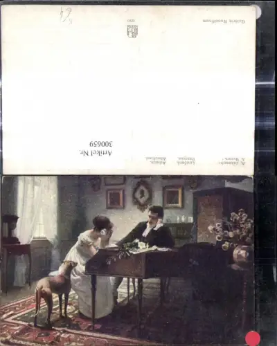 300659,Künstler Ak A. Jakesch Adieux Abschied Frau weint a. Klavier Mann Hund Musik