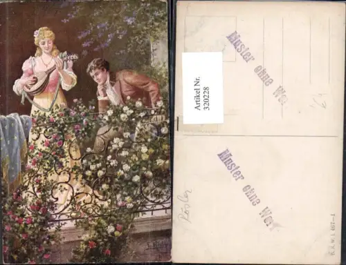 320228,Künstler Ak Fr. Rösler Frau m. Mann spielt Mandoline a. Balkon Musik