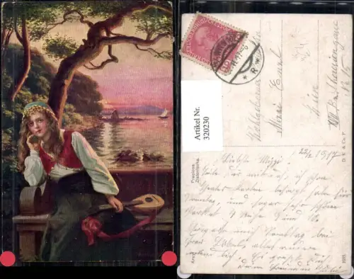 320230,Künstler Ak Kroy Preciosa Zlatovlaska Mignon Frau m. Mandoline Küstenlandschaft Musik