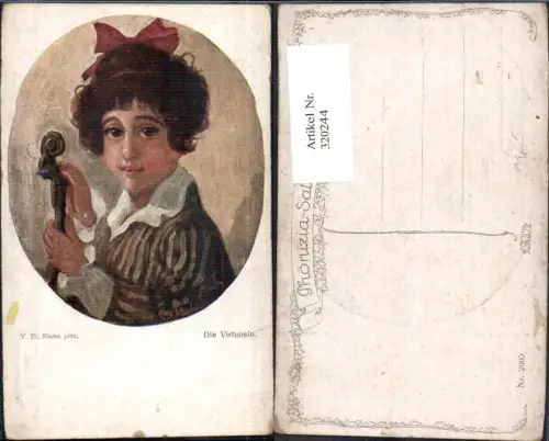 320244,Künstler Ak V. Th. Slama Die Virtuosin Mädchen Geigenkopf Geige Musik Passepartout