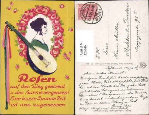 320246,Künstler Ak Frauenkopf Mandoline Rosen Rosenkranz Text Musik