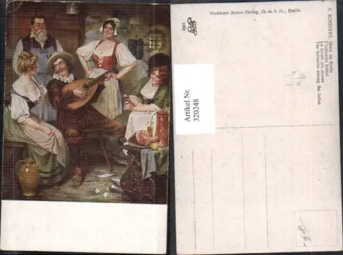 320248,Künstler Ak V. Schivert Hahn im Korbe Mann spielt Laute i. Stube Wein Musik