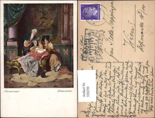 320250,Künstler Ak Schweninger Liebeslieder Mann spielt Mandoline Frau a. Zuhörer Affe Musik