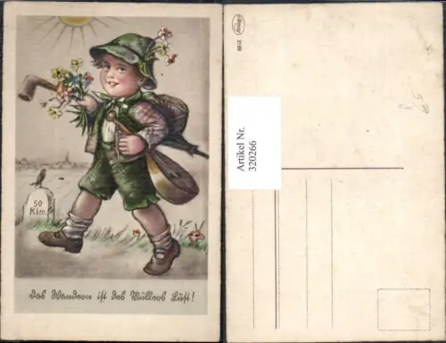 320266,Künstler Ak Bub Junge Wanderer Mandoline Sonne Blumen Das Wandern ist d. Müllers Lust Musik