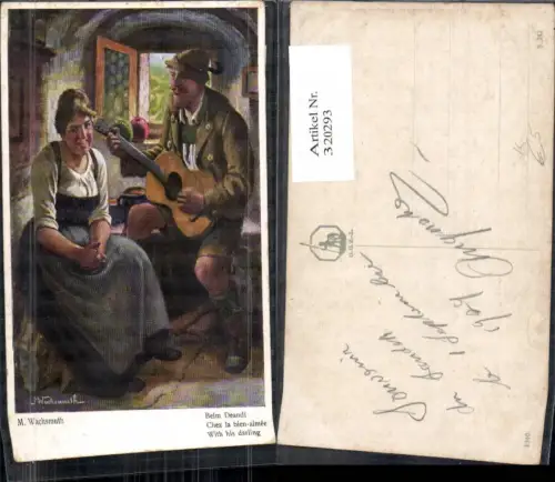 320293,Künstler Ak M. Wachsmuth Beim Deandl Mann spielt Gitarre Tracht Frau Musik Liebe